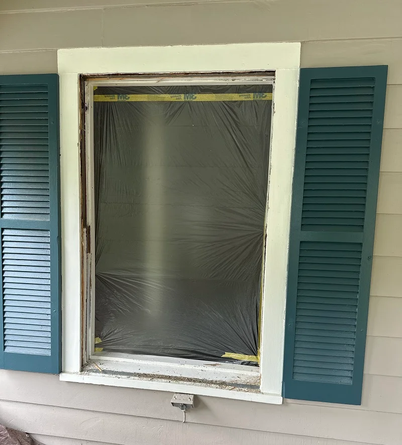 Cloth set up inside this double hung window during window installation in Fairfield,CT